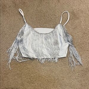 Elegant Silver Fringe White Crop Top